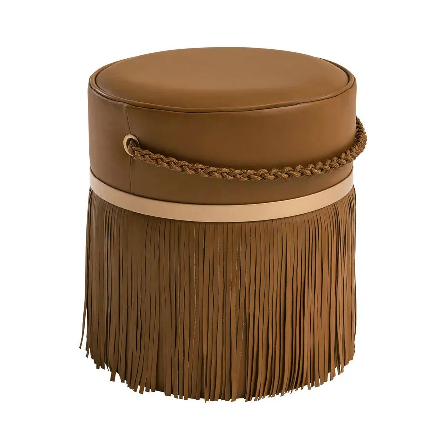 #21st Century Esthetic Design Leather Fringes Ottoman with Chain Handle Handmade Personalized Tassel Pouf Chair for Home Office