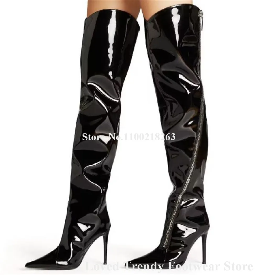 Sexy Zipper Decorated Stiletto Heel Over Knee Boots Shining Black Patent Leather Pointed Toe Thin Heel Thigh Long Boots