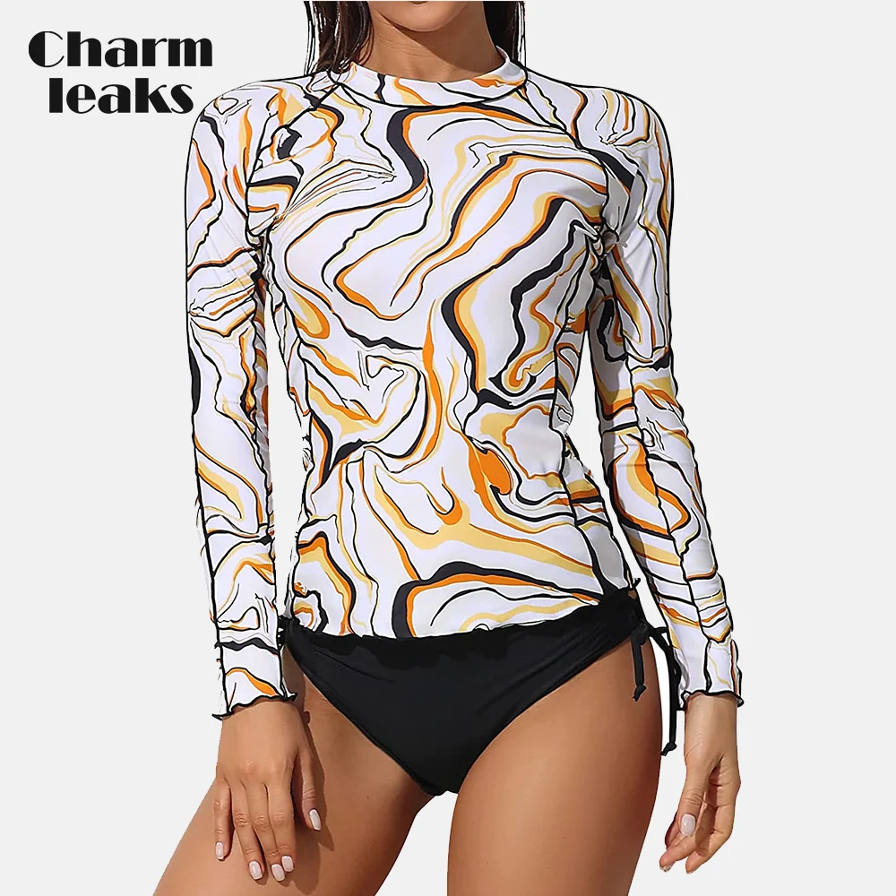 Charmleaks Women Rash Guard Wave Print Szybkoschnące, oddychające topy surfingowe z długim rękawem UPF 50+ Koszula z okrągłym dekoltem