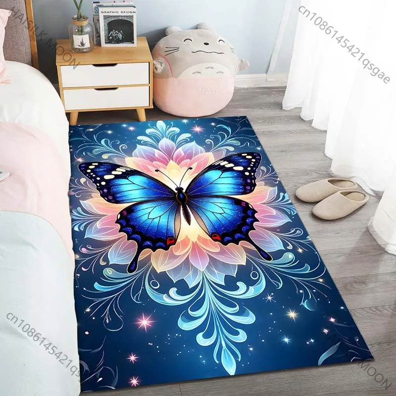 1PC Blue Butterfly Floral Stars Carpet for Living Room Bedroom Sofa Home Decor Rus Non-slip Floor Mat Luxury Gift Multiple Sizes