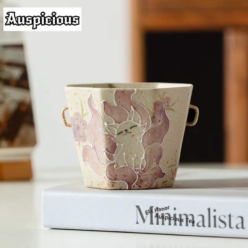 

240ml Hand-painted Nine-tailed Fairy Fox Teacup Antique Tea Bowl Mug Tea-tasting Fragrance Cup Jianzhan Master Cups Cafes Gifes