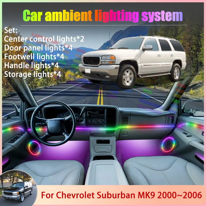 

Для Chevrolet Suburban MK9 2000 ~ 2006 GMC Yukon XL 2/18 в 1, автомобильная атмосферная лампа, RGB абажур, ансамбль, стример, атмосферный набор