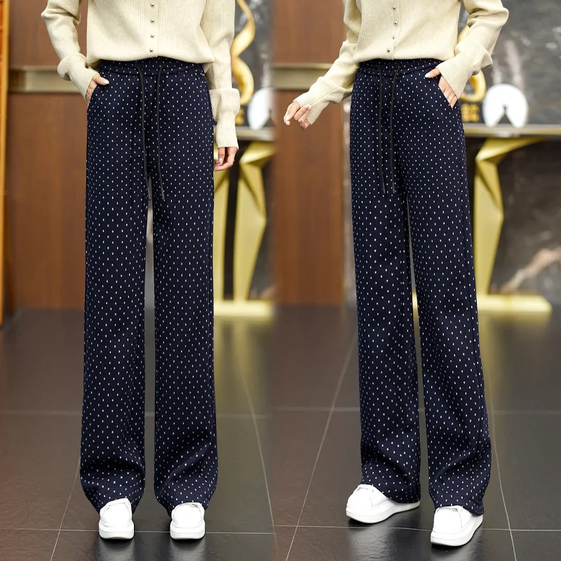 

Vintage Polka Dot Wide-Leg Pants for Women, Autumn and Winter New Elastic High-Waist Slimming Woolen Straight Pants