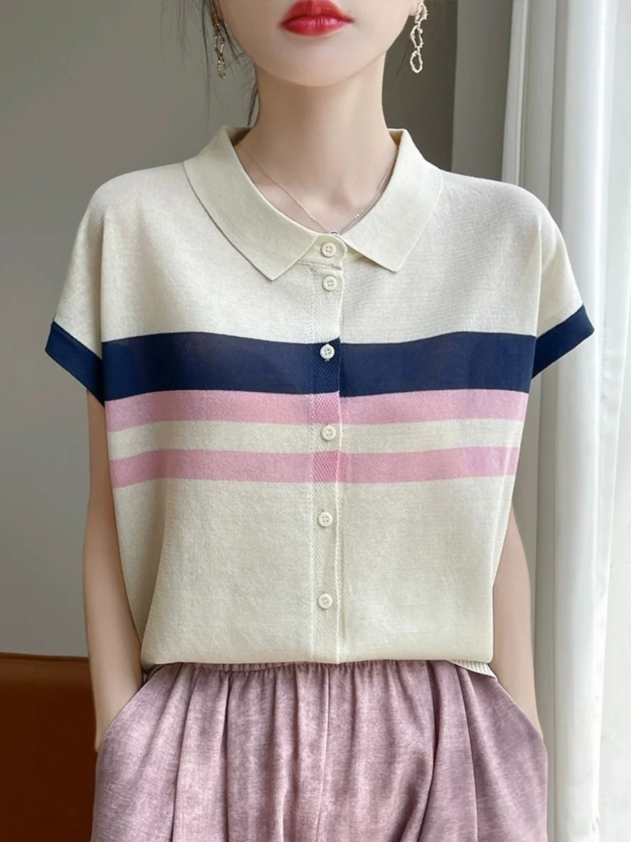 

Новинка лета: Женский повседневный свободный топ из ледяного шелка с коротким рукавом, вязаный, в полоску, модный дизайн с цветовыми блоками