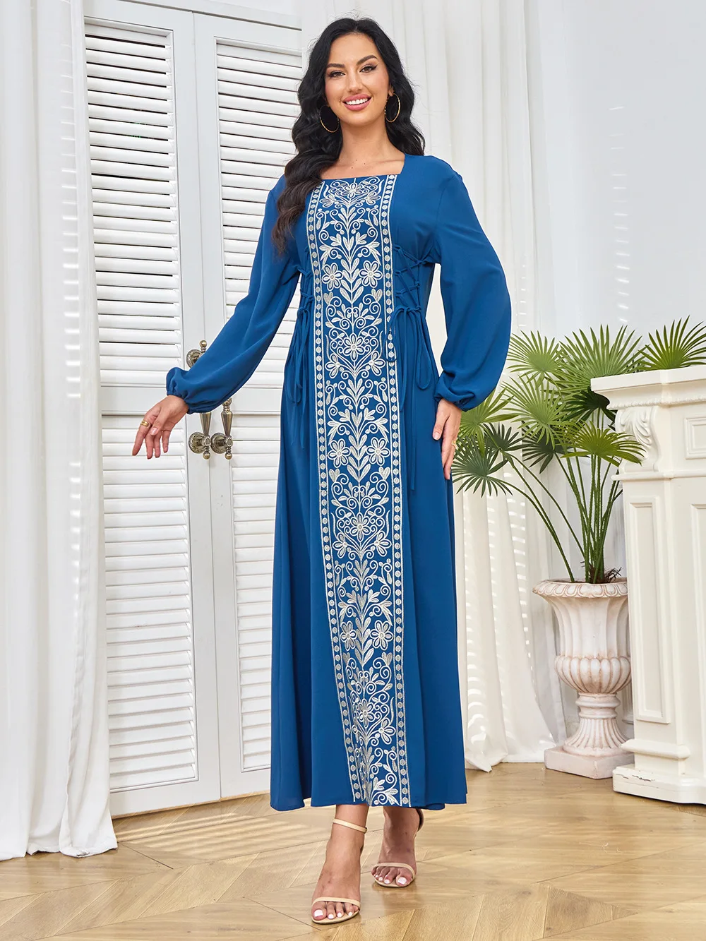 Classic Embroidery Blue Women Jalabiya Arabic Dress Modest Muslim Abaya-Square Neckline, Long Sleeve Elastic Cuff, Side Lace Up