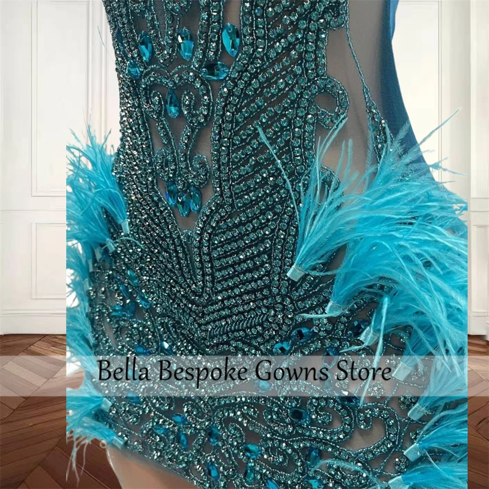 Blue Spaghetti Short Prom Dresses For Black Girls Bead Crystal 2024 Birthday Luxury Dress Feather Cocktail Homecoming Customized