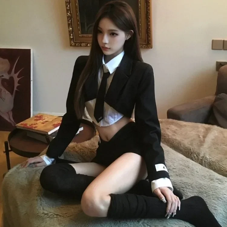 

Korean Fashion Long Sleeve Blazer+ Lapel Neck Bottoming Shirts Women+ High Waist Bodycon Skirts Spring New Three Piece Sets