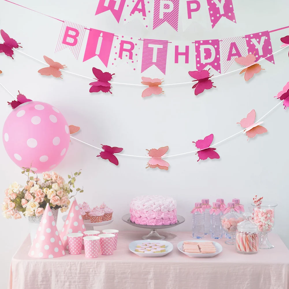 3M Paper Butterfly Garland Rose Gold Hanging Banner Flag DIY Adult Kids Birthday Party Decoration Supplies Wedding Baby Shower