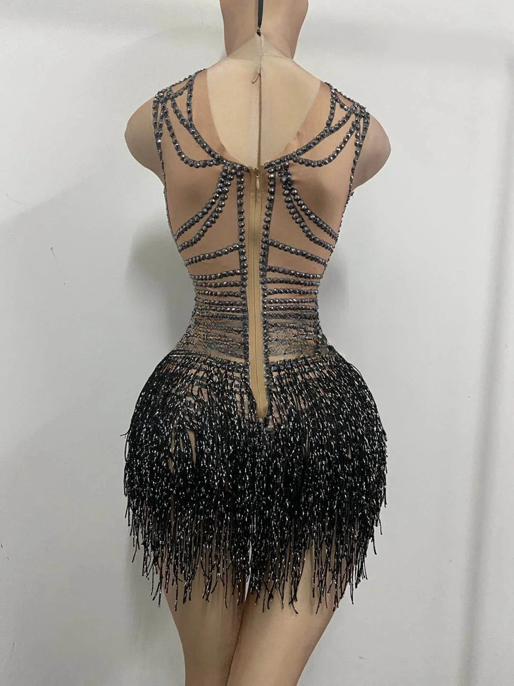 Justaucorps slim sans manches, Costume de danse pour spectacle sur scène en boîte de nuit, tenue de Festival Rave, body noir avec pompon et strass