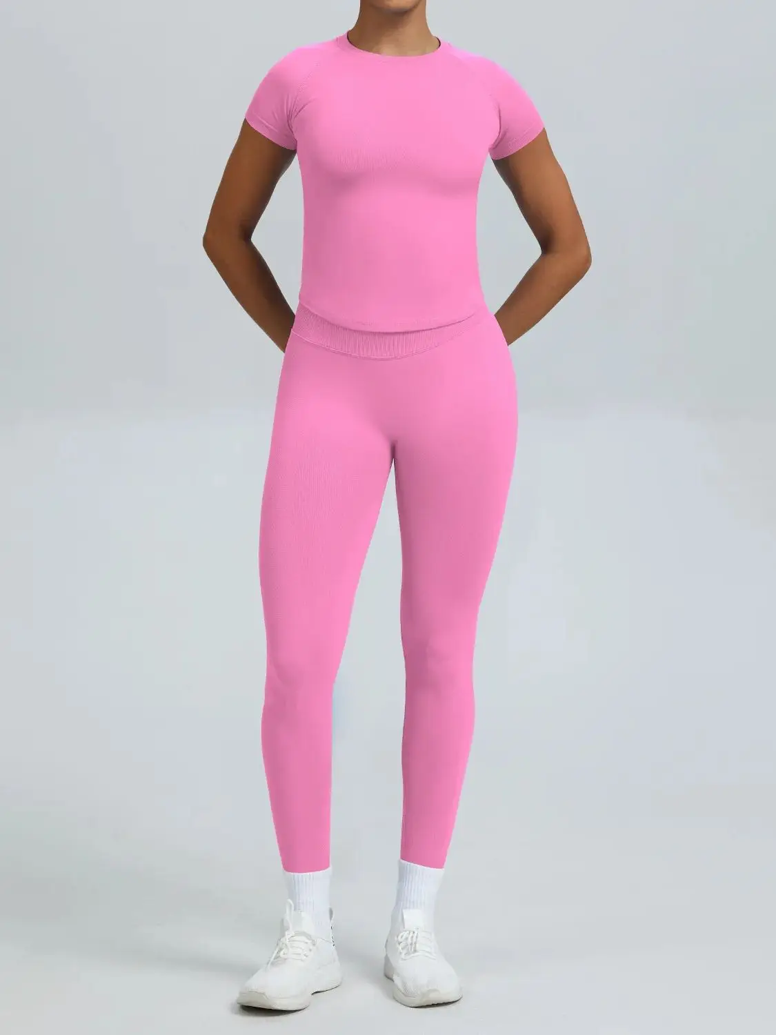 AliExpress EVERWANTED Seamless Yoga Set for Women - Round Neck Fitted Short Sleeve Top & Tights, Breathable Gym Wear for Running Cycling Outdoor Train