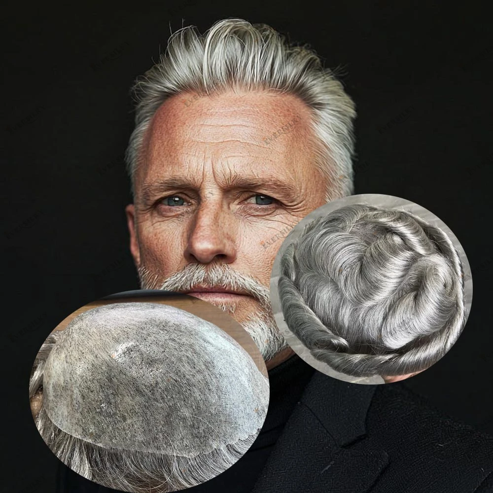 

1B40 1B50 Gray Human Hair Men's Cheapest Skin Base Toupee Durable 0.1mm Injected Natural Hairline Capillary Prosthesis Undetect