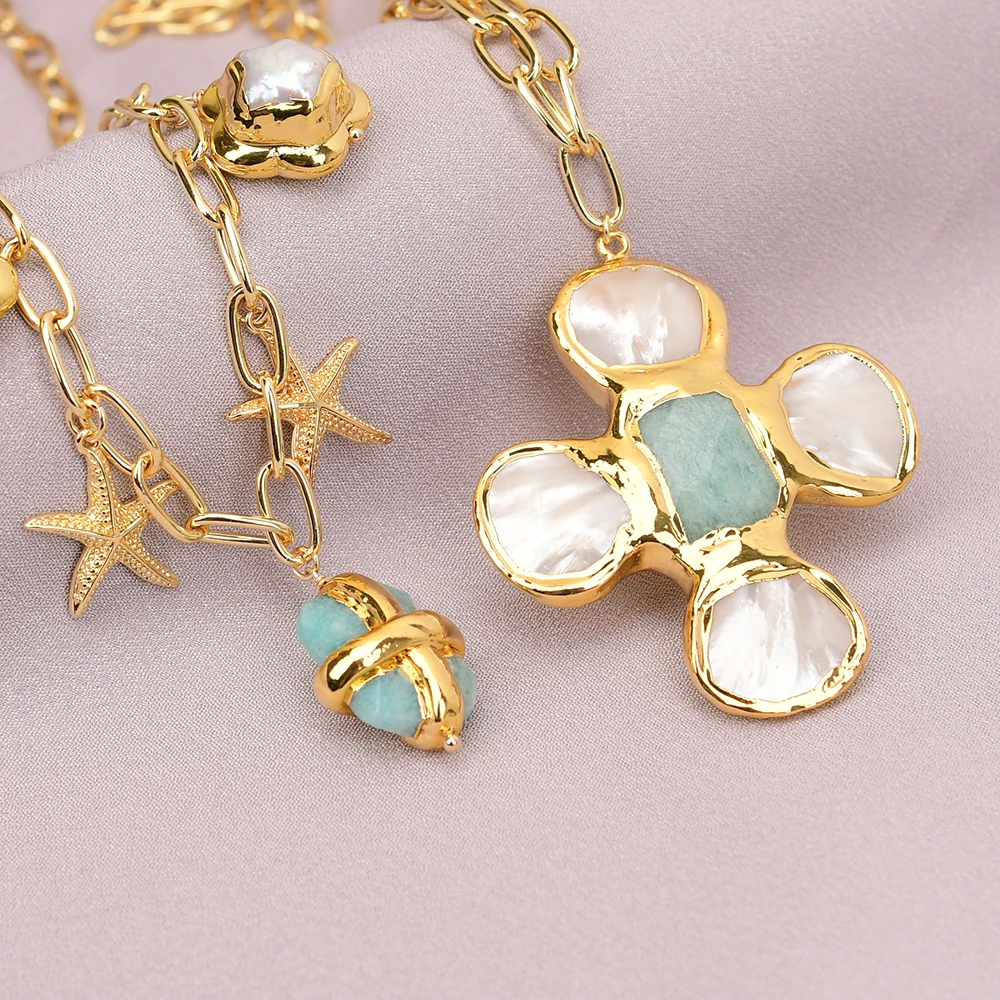 GG 2 Strands Cultured White Pearl Green Amazonite Sea Shell Cross Pendant Chain Necklace Lady Party Jewelry Gifts