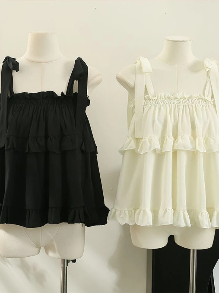 QWEEK Y2k Coquette Bow Kawaii Cute Tops Tank Ruffles Sweet Girls Japanese School Student Lolita Chic Korean Style Tanks 2024