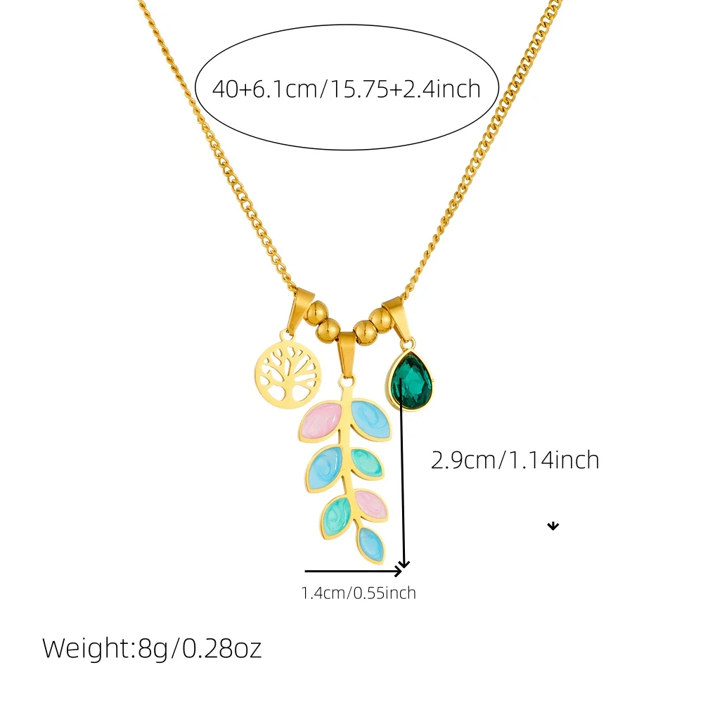 LAMENGLY 316L Stainless Steel Tree Of Life Green Crystal Water-Drop Dopamine Leaves Pendant Necklace For Women Noble Neck Chain