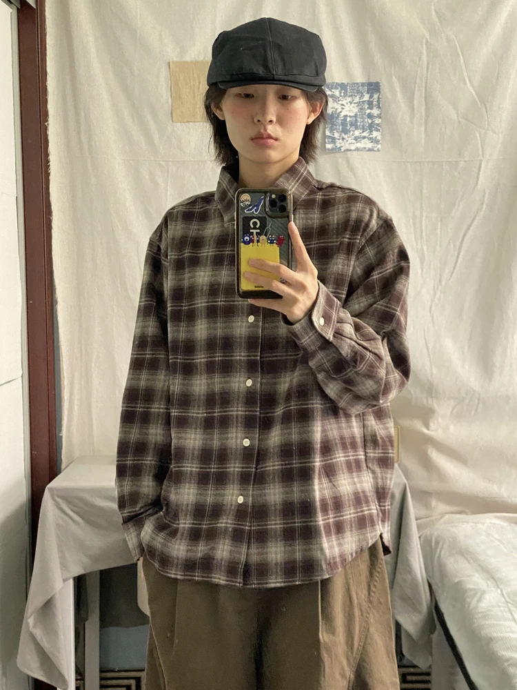 

Retro Japanese Plaid Long Sve irt Loose Casual Turn-down Collar Men's Sle Student Autumn Outerwear Versatile Cheered...