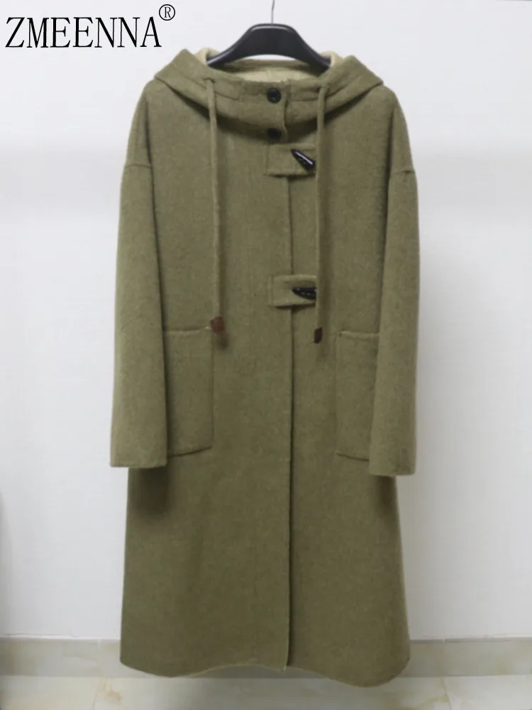 

ZMEENNA Womens Olive Green Wool Blend Duffle Coat Hooded Long Jacket Toggle Closure Loose Fit Warm Winter Outerwear ZM4301