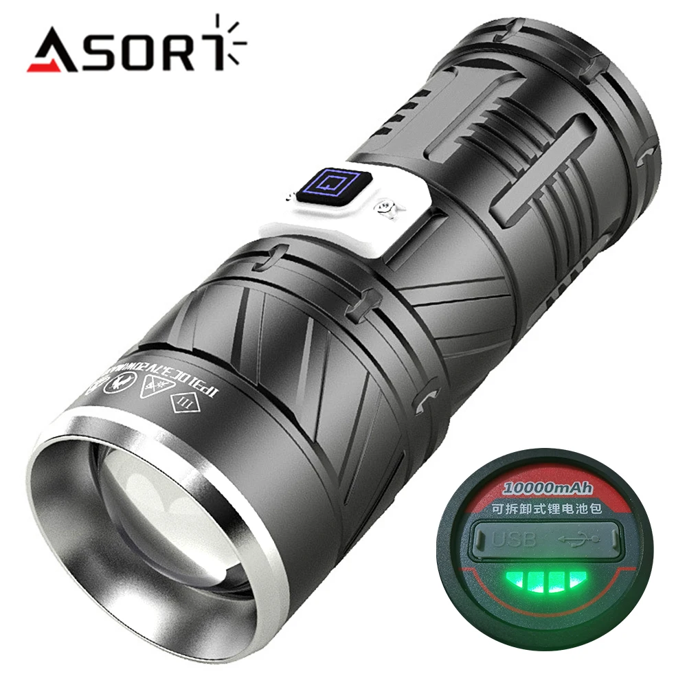 High Power LED Flashlight USB Rechargeable 10000mAh Battery Super Bright Torch 1500M Long Range Strong Light Lantern Waterproof