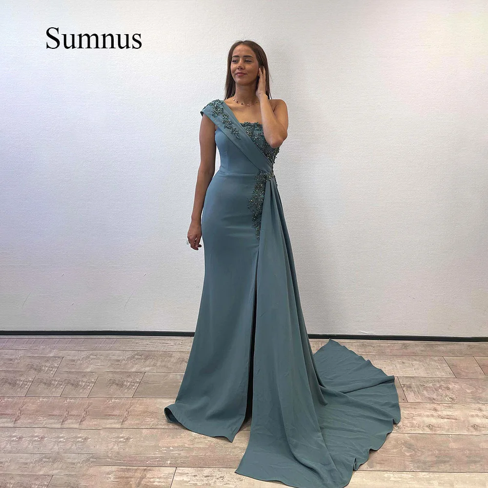 

Sumnus Beads One Shoulder Mermaid Evening Dresses Side Split Spandex Satin Event Party Gowns With Draped Train Robe de Soiree