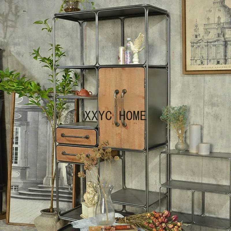 American-Style Retro Ironwood Combined with Display Rack Multi-Layer Living Room B & B Wall Storage Display Stand