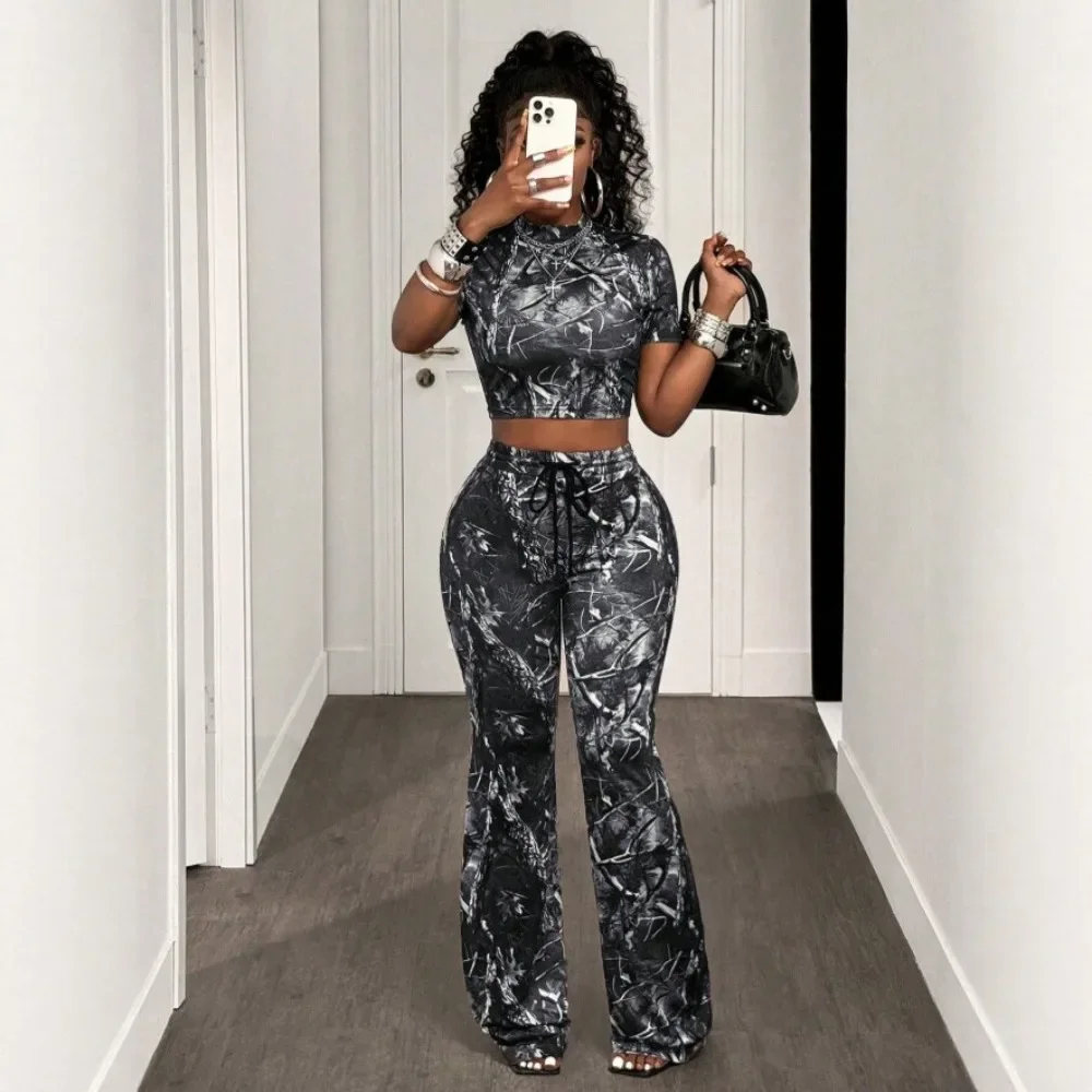 2026 New Fashion Women High Waist Casual Long Pants Set Short Sleeve Print Two Piece Street Style Slim Sexy