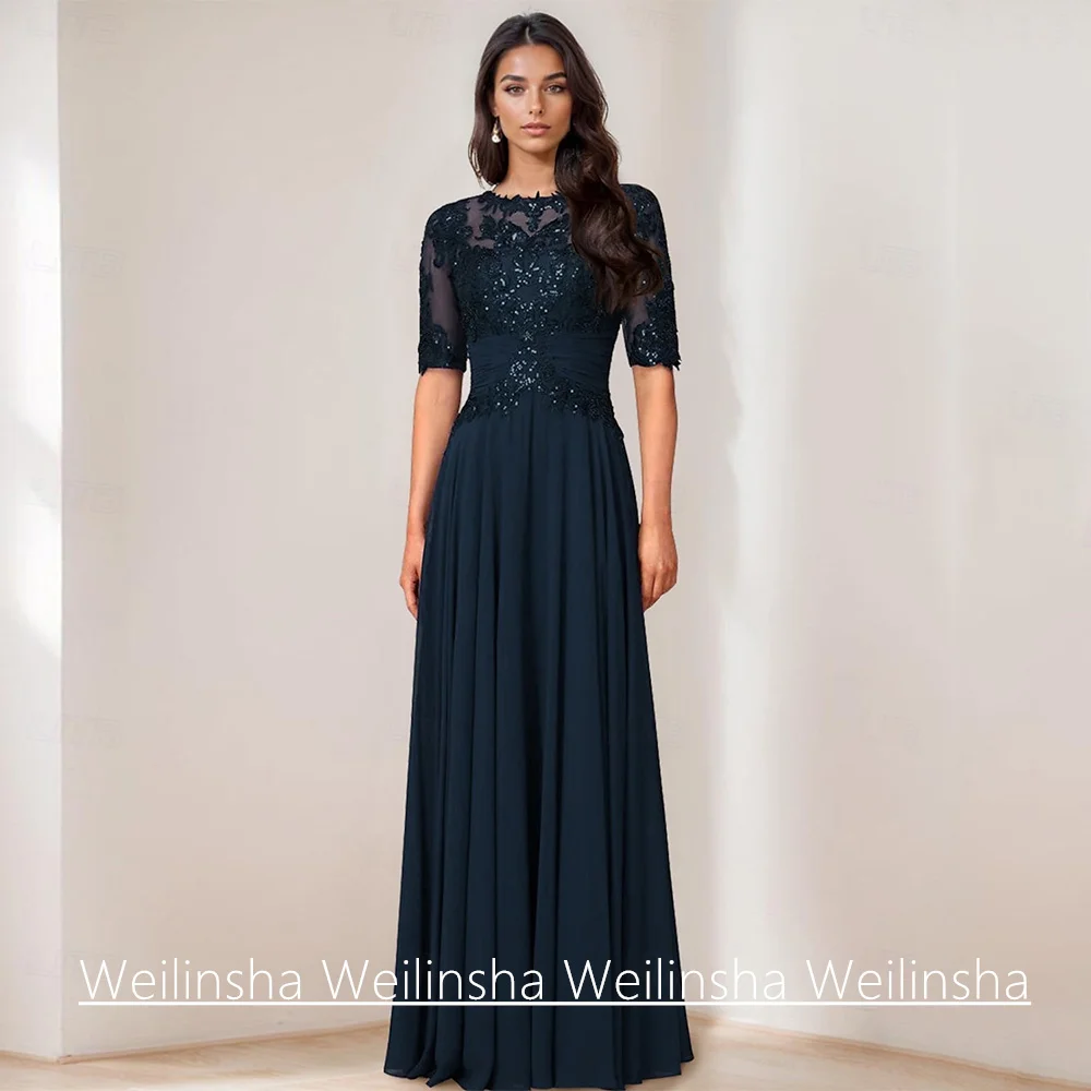 

Mother of The Bride Dress Customized Round Neck Half Sleeves Sequined Applique Chiffon Navy Wedding Guest Gown Party Dresses