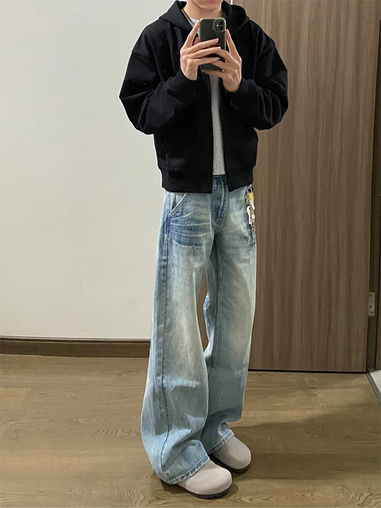 

Мужские джинсы в американском ретро-стиле с узором молнии, прямые брюки с легким клешем, молодежный тренд, весна-осень, уличный стиль