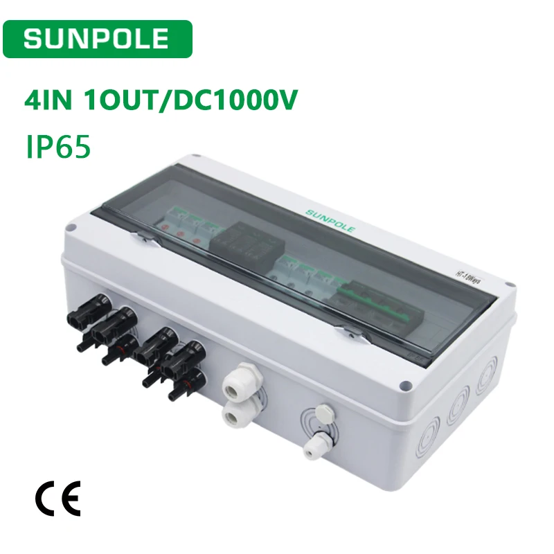 PV Combiner กล่อง 4 อินพุต 1 เอาต์พุต DC1000V พลังงานแสงอาทิตย์พลังงานแสงอาทิตย์พร้อมฟิวส์ป้องกันฟ้าผ่า SPD MCB กล่องกันน้ํา IP65 18 วิธี