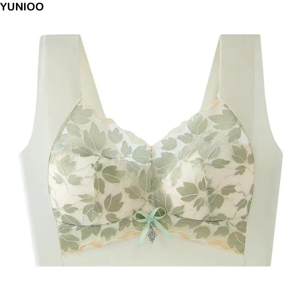 

Beautiful Back Leaf Lace Deep V Bras Zircon Bowknot Brassiere for Women Seamless Big Cup Wireless Bras Girls