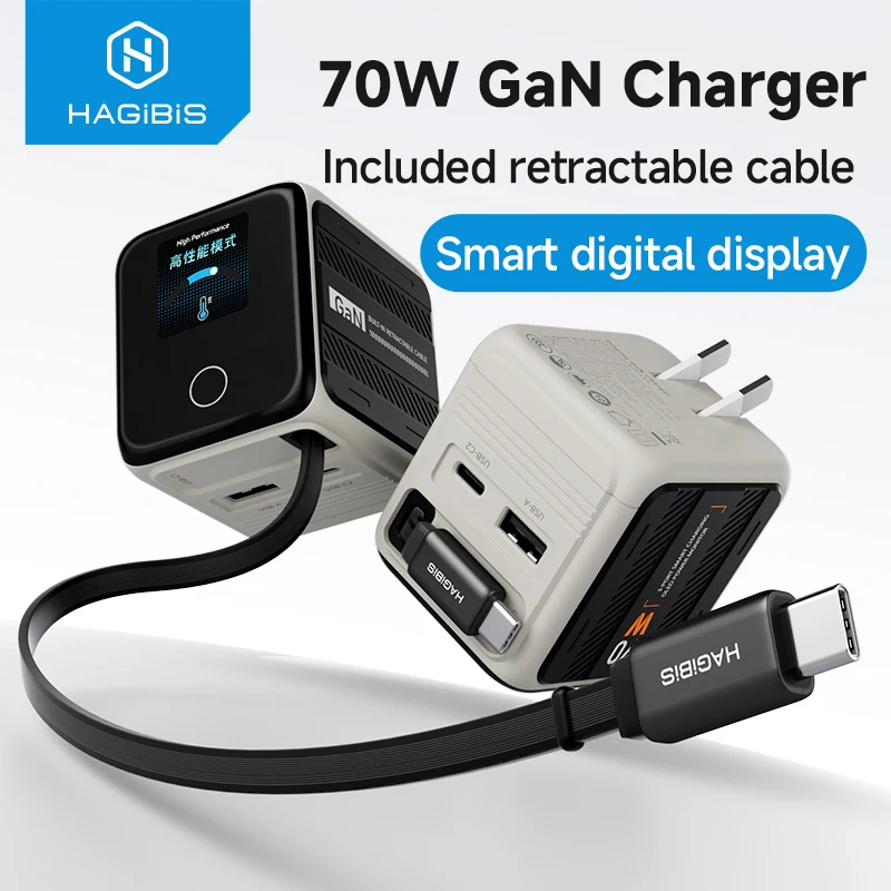 Hagibis Retractable USB C Charger Foldable Plug 70W GaN Wall Charger With LED Display Fast Charging for iPhone 17 iPad Macbook