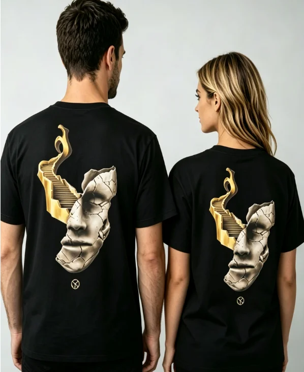 2026 New Dark aesthetic abstract pattern men's and women's gold ladder surrealistic art black short-sleeved street style t-shirt