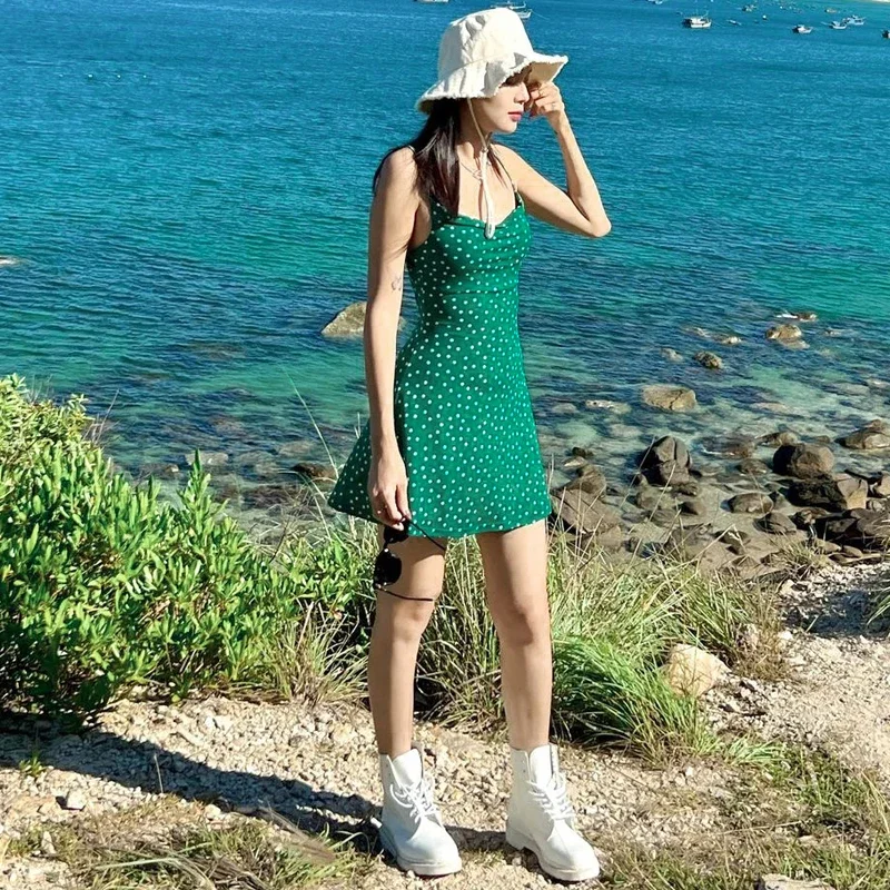 2025 sommer Spot Print Slips Backless Sexy Elegante Bodycon Mini Prom Kleid Frauen Casual Kleidung Y2K Strand Festival