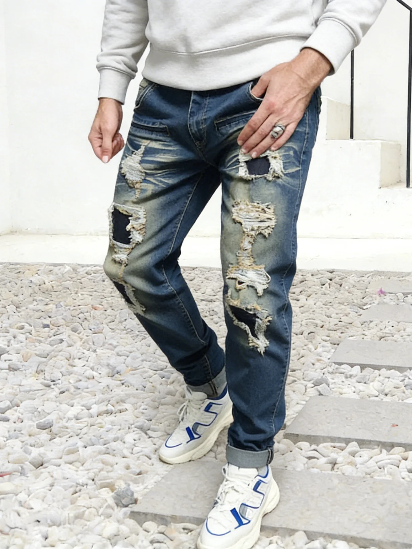 

Plus Size 6XL 5XL 4XL Men's Slim Fit Distressed Ripped Jeans Patchwork Blue Denim Pants Streetwear Biker Trousers