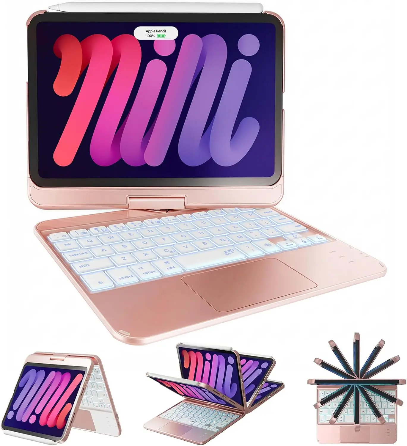 iPad mini 7 & 6 Keyboard Case with Trackpad, 360 Rotatable Cover, Wireless Bluetooth & Rainbow Backlit - Rose Gold