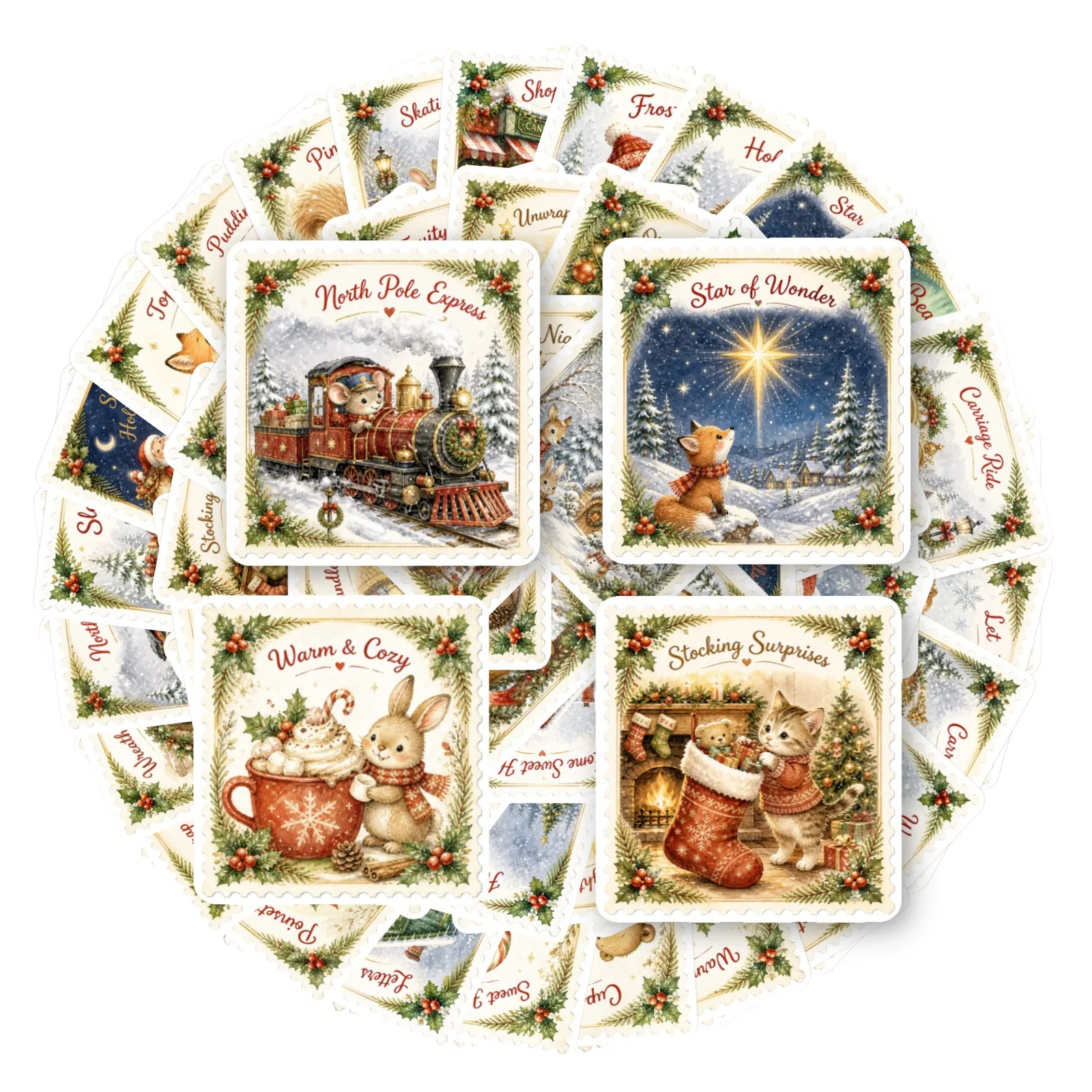 50PCS Retro Christmas Holiday Atmosphere Decorative Stickers Decorate Gift Box Hand Account Greeting Card Window Removable Decal