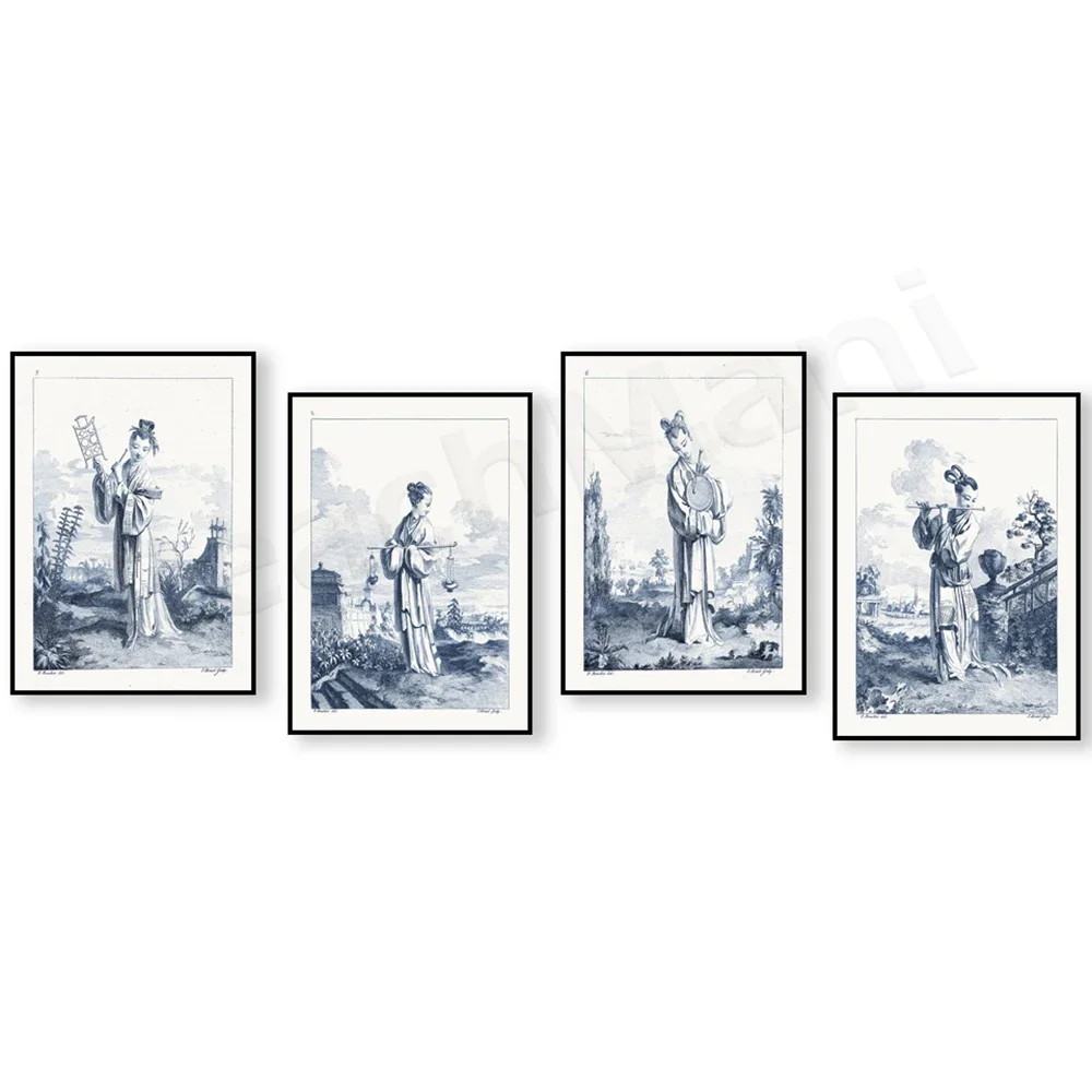 

Blue chinoiserie figure art print, french art, wall decor poster, asian art, chinoiserie art, chinoiserie