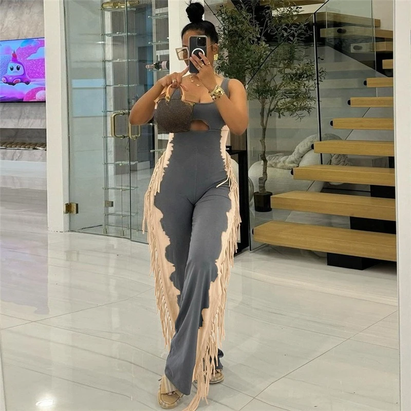 

Doyerl Fringed Tassel Jumpsuits for Woman Overalls Club Party Sleeveless Tank Hollow Out Patchwork One Pieces Romper Combinaison