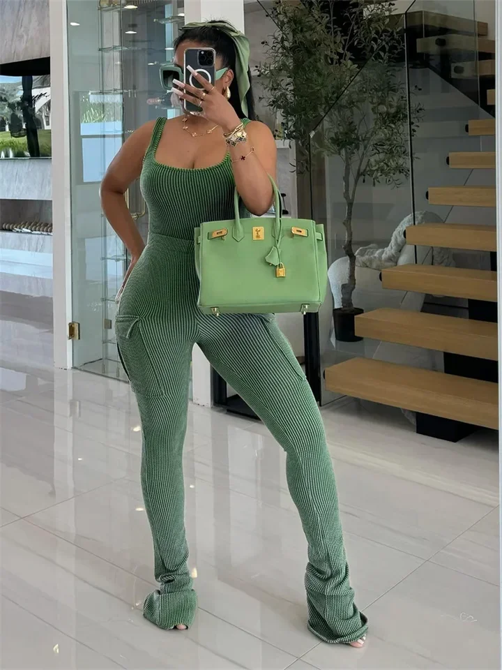 

2 Two Piece Sets Women Sleeveless Bodycon Bodysuit Top+High Waist Pants Suits Fashion Green elastic Matching Outfits
