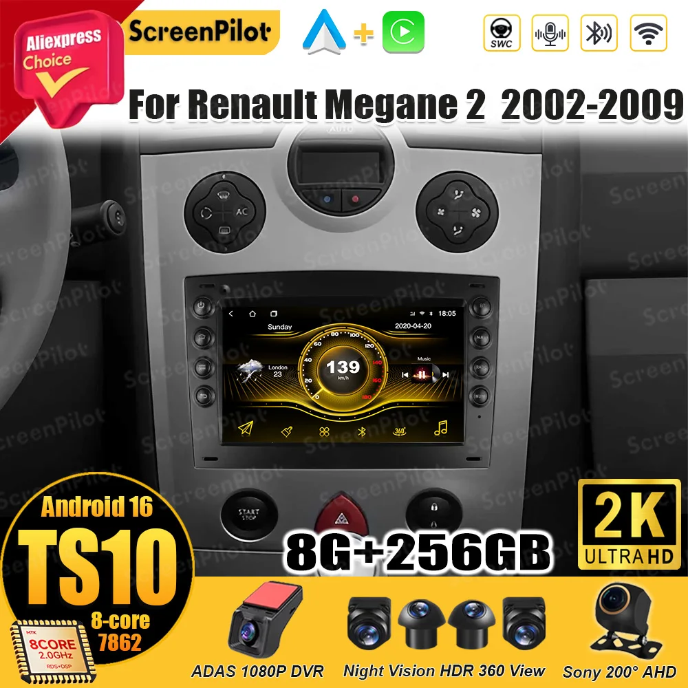 Radio con Pantalla Táctil Android 16 para Renault Megane 2 2002-2009, Reproductor de Video, Bluetooth, 8 Núcleos, GPS, Navegación