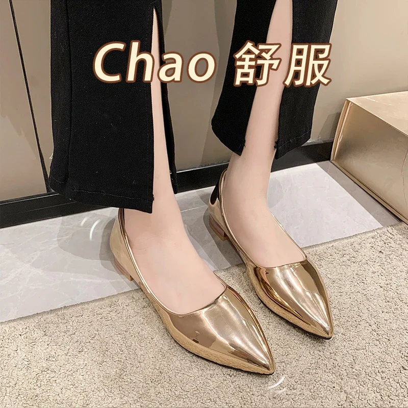 Women\'s Heeled Shoes 2024 Spring Autumn New Flat-bottomed Pointed Shoes Casual Slip-on Solid Color Elegant Low-heeled Shoes