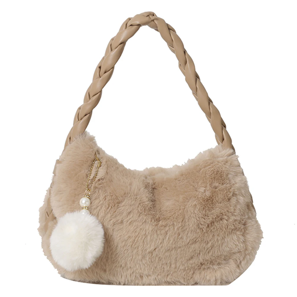 Ladies Fluffy Handbag Solid Color Furry Underarm Bag PU Braid Strap Faux Fur Hobo Bag with Pearl Fuzzy Pendant Gifts for Friends