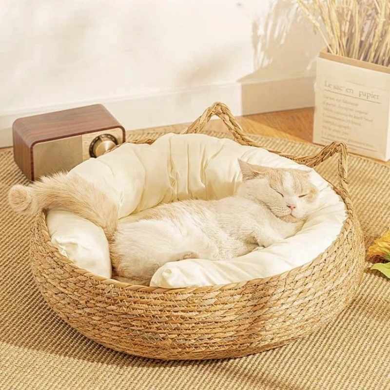 Cat Bed Pet Nest Pure Manual Rattan Woven Cattailgrass Cat Scratch Board Removable Washable Winter Warm Pad All-seasonPet