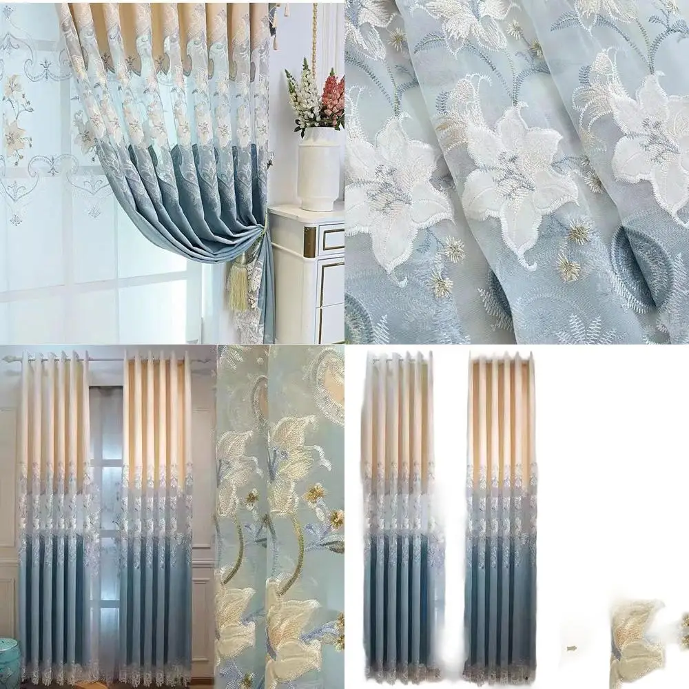 

Elegant European Chenille Embroidered Curtains - Beige & Blue, 66x84 Inches for Living Room & Bedroom