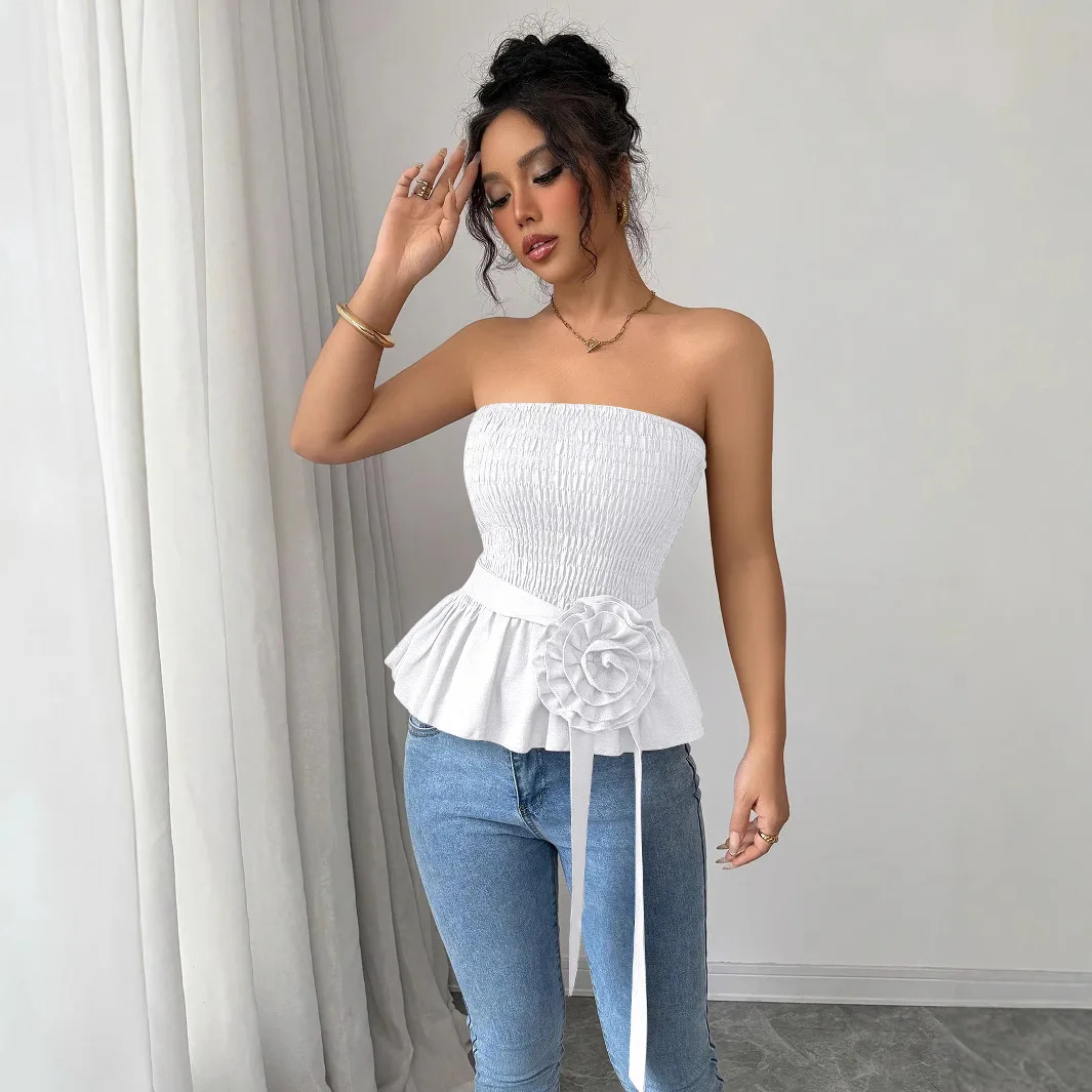 

Summer Women's Strapless Top Pleated Flowers Girl's Pink High-waisted Slim White Pullover Black Sexy French Sleeveless T-shirt