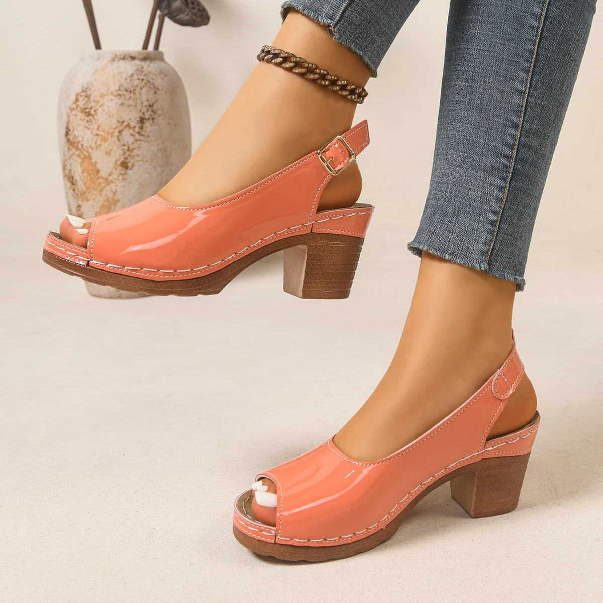 2026 Summer New Solid Color Simple Casual High-heeled Sandals Women's Large Size One-line Buckle Design Anti-slip Sandals