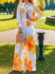 Fashion Long-sleeved Lapel Single-breasted Shirt Top + Wide-leg Pants 2-piece Set Women Autumn Floral Printing Loose Suit Female