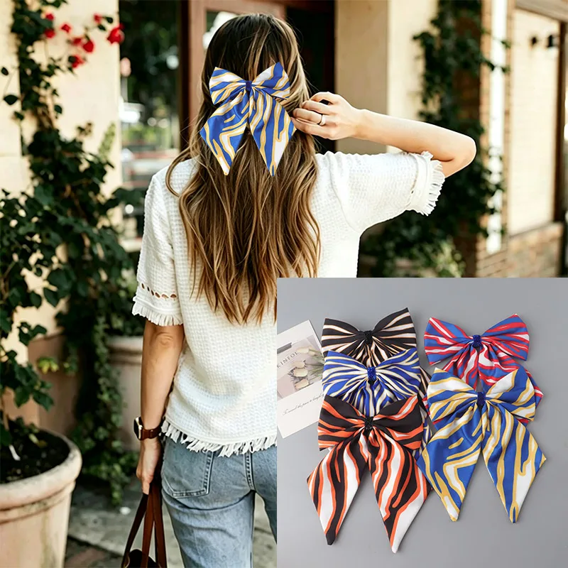 Fashion Geometry Striped  Big Bow Hair Clips Women Vintage Zebra Print Bows Barrette Elegant Hair Accessories for Daily Party
