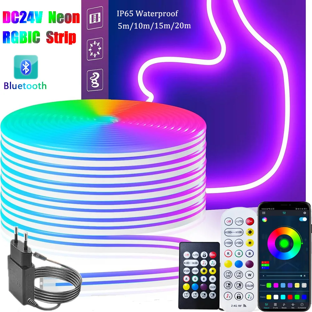 

20M LED RGBIC Neon Rope Lights, 24V Music Sync App/Remote Control DIY Rope Light, 50ft LED Light Addressable Strip Gaming Room