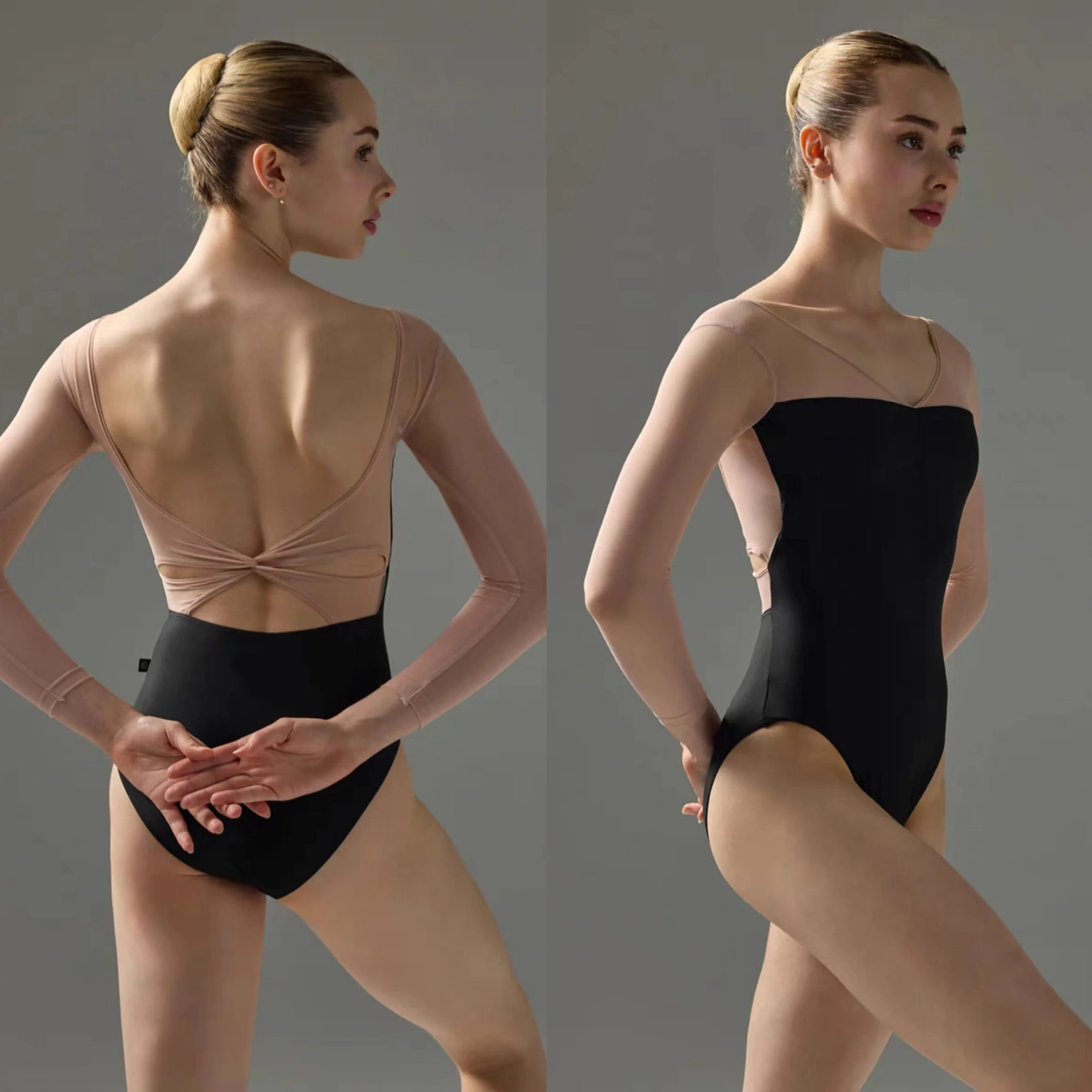 Women's Black Gymnastics Leotards Long Sleeve Patchwork Mesh Bodysuits Adult Ballerina Dance Kink Costumes