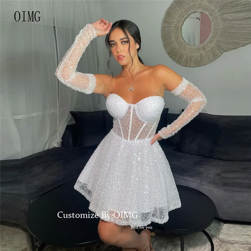 

OIMG 2023 New Glitter Pearls Tulle Short Wedding Dresses Sweetheart Sleeves Saudi Arabic Sparkly Bride Gowns Formal Party Dress