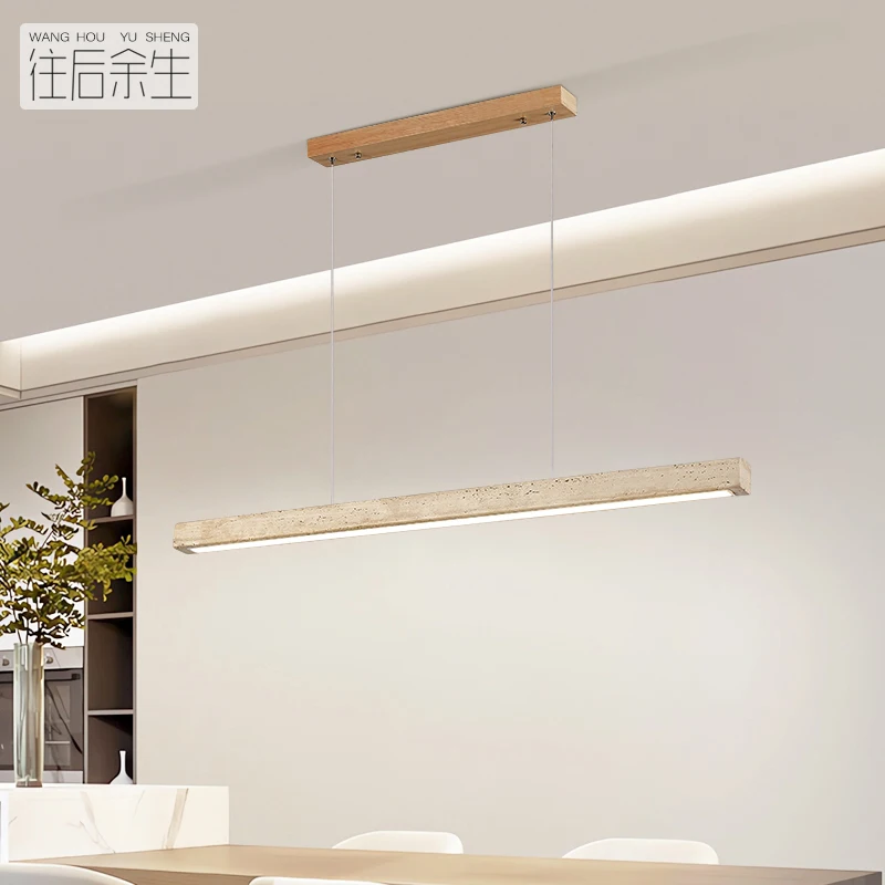 Modern Natural Limestone Linear Led Pendant Light With Wood-grain Ceiling Lamp Cover For Dining Room And Home Lighting Decoratio